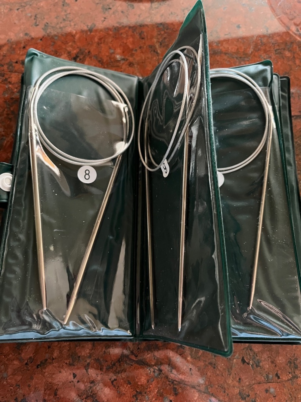 Circular Knitting Needles Set in Dark Green Case 11 Full Cable Needles Assorted